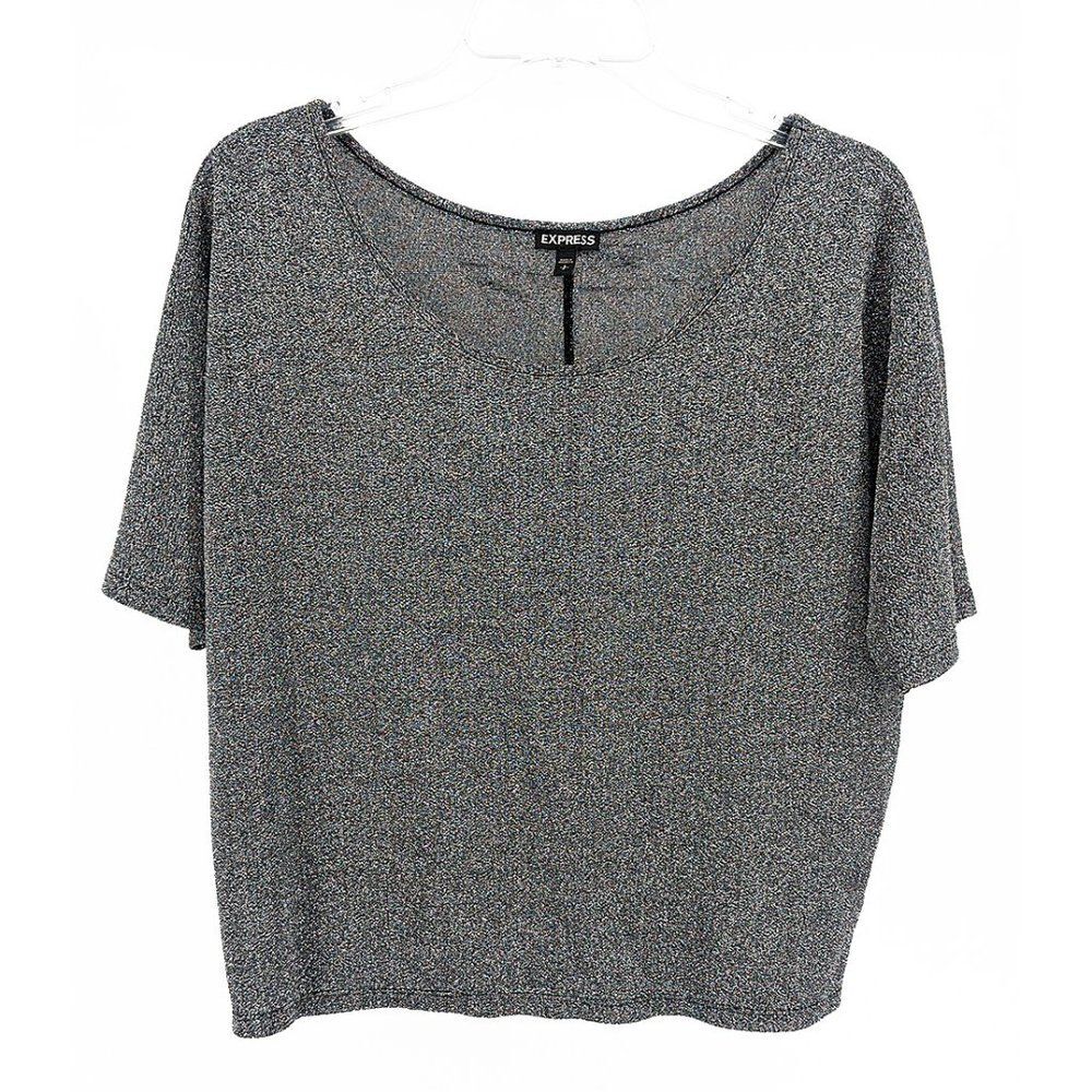 Express Women's Boxy Metallic Short Sleeve Blouse Top Black Small